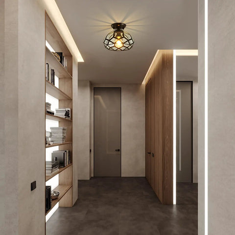 Vintage Copper Diamond Flush Mount Ceiling Light With Glass Diamond Shade Oil Rubbed Bronze Finish Retro Modern 2 In 1 Pendant Fixture For Bedroom Living Room Kitchen Island Hallway And Entryway illuminating a modern hallway with wooden accents and open shelves.