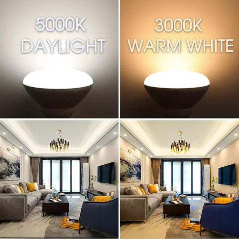Energy Star BR30 LED Flood Light Bulbs 65W Equivalent Dimmable comparison of 5000K Daylight and 3000K Warm White lighting for living rooms