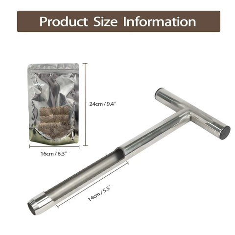 12 Inch Stainless Steel Soil Probe With T Handle And Two Reusable Sample Bags showing size dimensions for soil sampling.