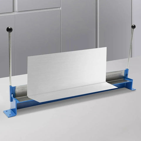 Heavy Duty 760mm Sheet Metal Brake, Adjustable 0 To 90 Degree Steel Bender with metal sheet folded at 90 degrees.