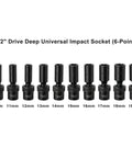 Ten Piece One Half Inch Drive Deep Universal Impact Socket Set Metric Ten Through Nineteen Millimeter With 360 Degree Flex Head