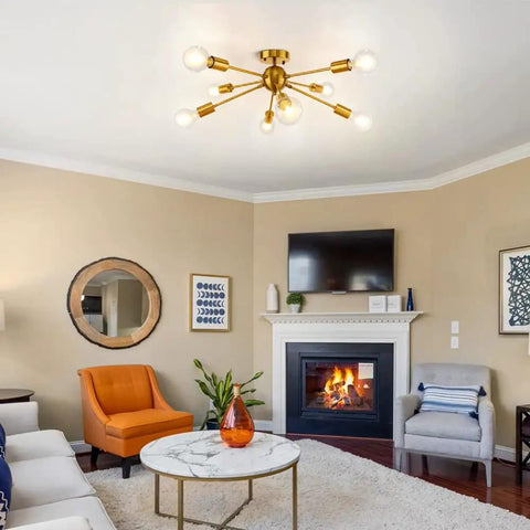 8 Light Sputnik Ceiling Light Fixture Modern Retro Industrial Chandelier Flush Mount in living room, 30 inch diameter.