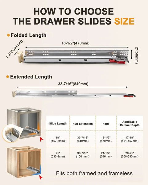 Top Notch Soft Close Undermount Drawer Slides Built Tough As Nails With Whisper Quiet Hydraulic Dampers And Sturdy 100 LB Load Capacity For Furniture That Rolls Like Butter Without Even A Hint Of Slamming diagram showing slide sizes and dimensions.