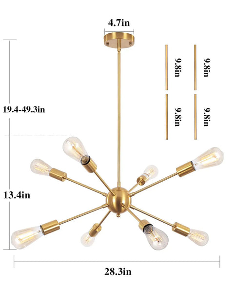 Gold Sputnik Chandelier 8 Light Modern Ceiling Fixture with adjustable rods, electroplated finish, mid-century style