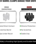 Comparison of ordinary clamp vs. Rugged Shotgun Barrel Clamp Mount With Rubber Pads For 12 Gauge Guns showing advantages such as silicone protection.