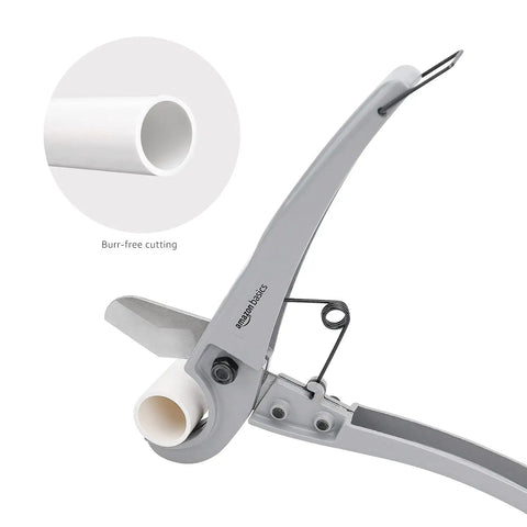 Rugged PEX Pipe Cutter For One Eighth To One Inch Tubing, showing burr-free cutting of white PEX pipe with stainless steel blade.