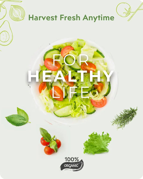 Salad with lettuce, tomatoes, and cucumbers, text overlay 'For Healthy Life', fresh ingredients surrounding the plate.