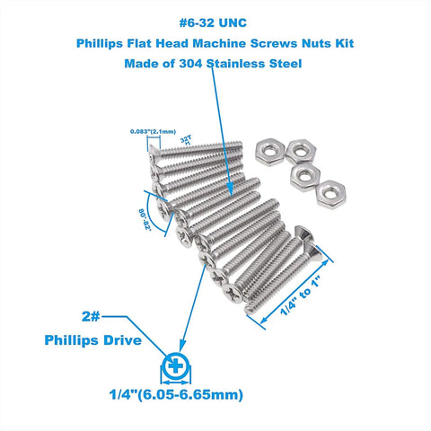 Size 6 32 UNC Stainless Steel Phillips Flat Head Machine Screws And Hex Nuts Assortment Kit 304 Stainless Full Thread Length