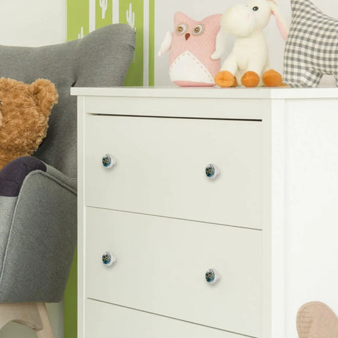 4 Pack Water Floral Cabinet Knobs 1.37 Inch Round White Drawer Pulls installed on white dresser in children's room