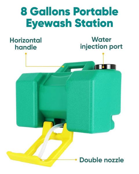 Portable Eight Gallon Eyewash Station Worksite Ready Gravity Fed Emergency Rinse With Fifteen Minute Continuous Flush Osha Compliant, features horizontal handle, water port, double nozzle.