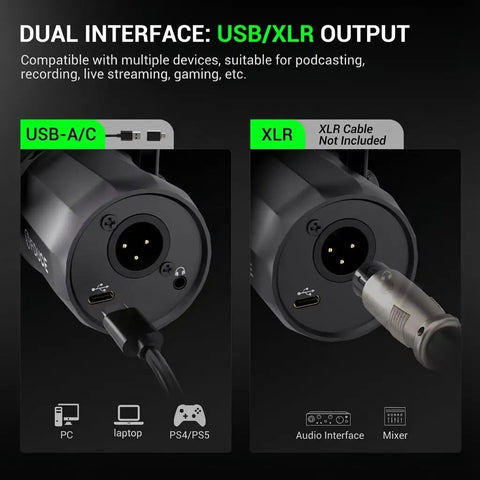 Dynamic USB XLR Podcast Microphone With Boom Arm For Vocal Recording Voice Over And Streaming Studio Metal Mic With Mute Button Headphone Jack And Monitor Volume Control SL40 Plus showing dual USB/XLR outputs
