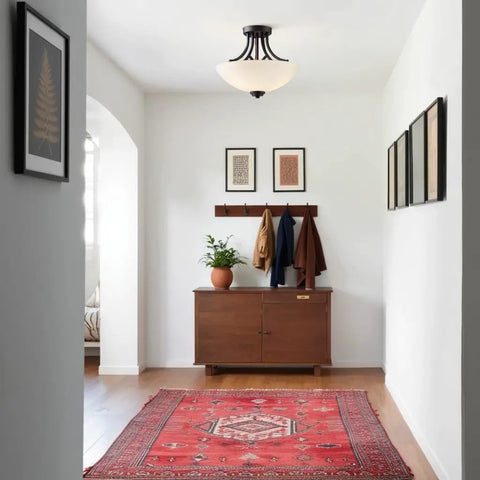 Entryway with Three Light Semi-Flush Ceiling Mount In Oil Rubbed Bronze With Flat Opal Glass Shade For Kitchen Or Dining Room