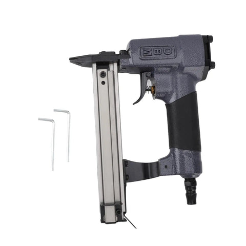 Straight Shooter Pneumatic Brad Nailer with No Sweat Jam Clearance and Easy Breezy Pressure Control, showing tool side with accessories.