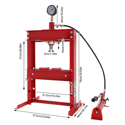 10 Ton Hydraulic Benchtop Press H Frame Heavy Duty Garage Floor Press with adjustable table, gauge, red frame, side view.