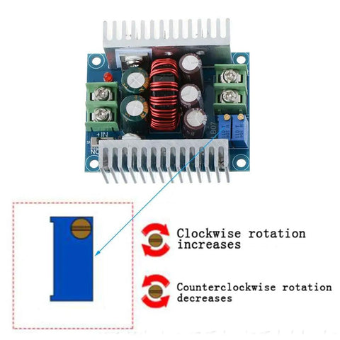 Beast Buck Converter Module 6-40V To 1.2-36V, 20A 300W Adjustable Step Down Regulator with heat sink and adjustment diagram