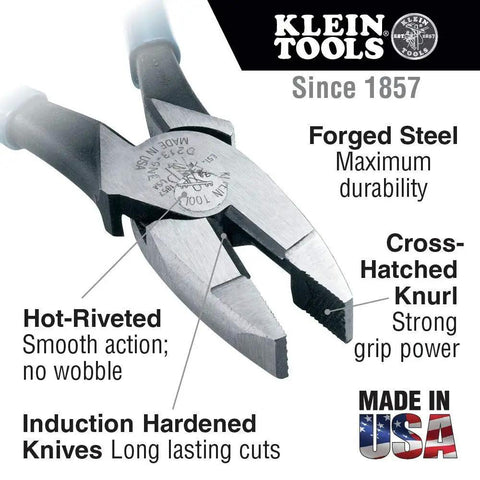 Lineman Pliers Built For Tough Jobs With Streamlined Design And Knurled Jaws For A Sure Grip Induction Hardened Cutting Knives For Long Life Hot Riveted Joint For Smooth Action Tempered Handles Absorb The Snap 7 Inch USA Made.