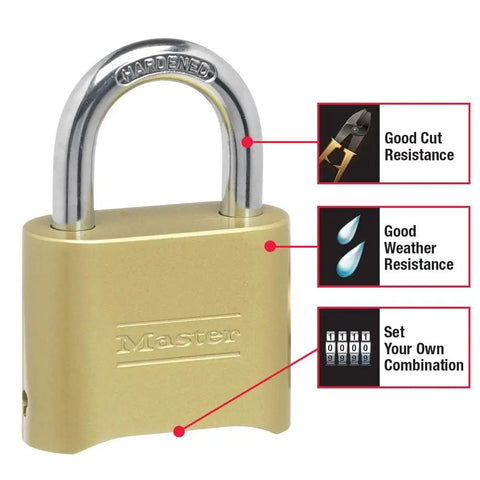 Brass Resettable Four Digit Padlock For Indoor And Outdoor Use with labels showing cut resistance, weather resistance, and code setting features