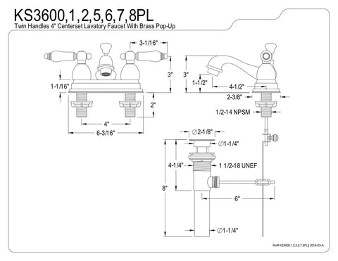 Technical drawing of 4 Inch Centerset Bathroom Faucet in Brushed Brass, Solid Brass Construction, Drip Free Ceramic Disc, Deck Mount