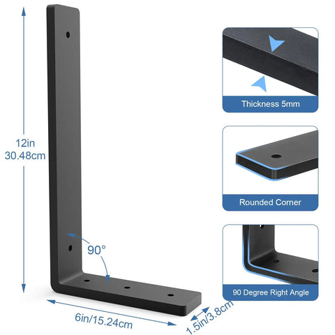 Heavy Duty Shelf Brackets 6 Pack 12 Inch Black L Metal Brackets Hella Sturdy Bulletproof Iron Wall Mounts For Diy Open Shelving and Rustic Storage Enhancements with dimensions and thickness details.