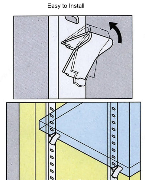 Adjustable Shelf Clips For 255 Standard Pilaster Systems, installation diagram showing shelf and clips in kitchen cabinets