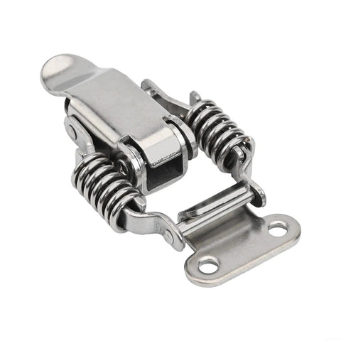 Close-up of beefy stainless steel double spring draw latch for toolboxes suitcases and wooden cabinets rugged rust resistant compression clip.