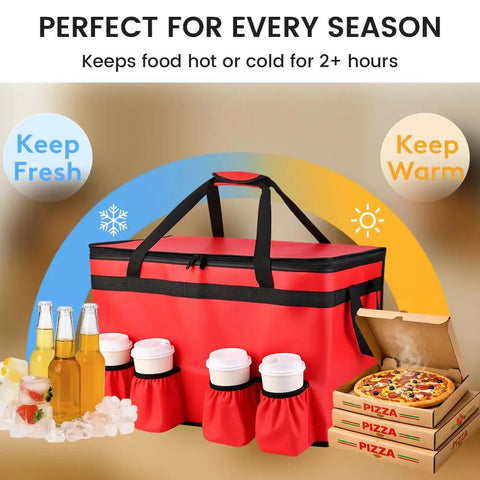 Red insulated food delivery bag, XXXL size with four cup holders, shown with pizzas and drinks, ideal for hot or cold meals.