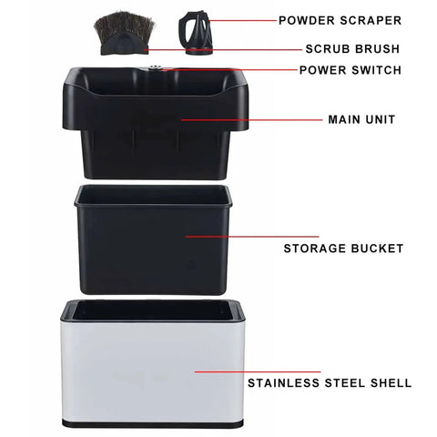 Electric Portafilter Cleaner Slaps Coffee Grounds Out Of Your Filter Effortlessly, Knock Box Cleanup Station components including scrapers.