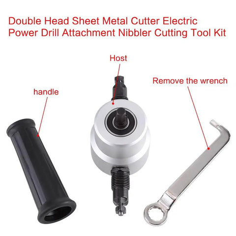 Heavy Duty Double Head Sheet Metal Nibbler Cutter Drill Attachment Kit With Extra Punch And Die components including handle and wrench.