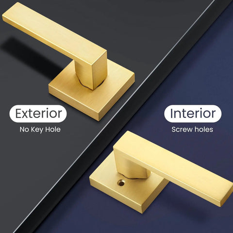5 Pack Hallway And Closet Door Levers Dope Sleek Modern Gold Finish Keyless Non Locking Heavy Duty Lockset showing interior and exterior
