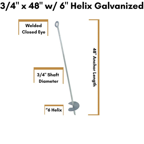 Heavy Duty 3 4 Inch By 48 Inch Galvanized Helix Screw Anchor With Six Inch Pitch showing dimensions and features.