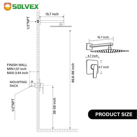 Heavy Duty Eight Inch Rain Shower Head And Matte Black Faucet Set Crafted From Solid Brass And Tough 304 Stainless Steel dimensions illustration.