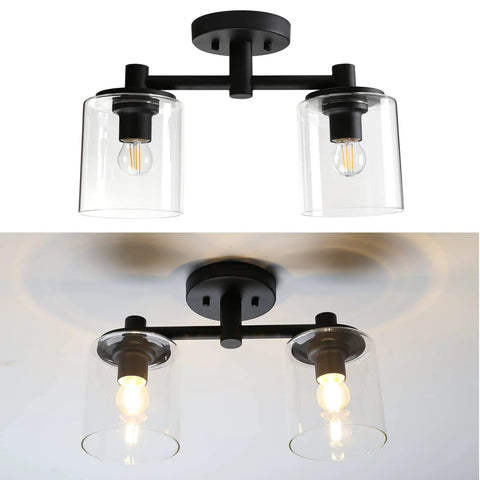 2-Light Industrial Glass Shade Semi Flush Mount Ceiling Fixture For Hallways, Kitchens, Lofts, And Bars with black finish detail.