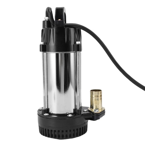 Top Shelf Stainless Steel Submersible Sump Pump With Three Hundred Watt Motor And Four Cubic Meter Flow, side view with hose connection.