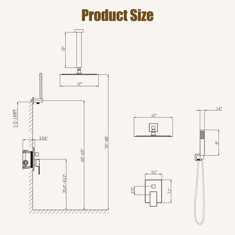 Technical drawing of a 12 Inch Rain Shower Head with Handheld Combo Set, Ceiling Mounted High Pressure Dual Shower System in Chrome Finish