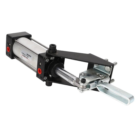 Heavy Duty Pneumatic Air Toggle Clamp Featuring Snappy Quick Release And Rock Solid 340kg Clamping Force Built Pro Level For Equipment Installations In Black Finish, detailed view of clamp mechanism.