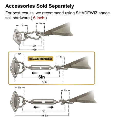 Illustration of Shade Sail hardware recommended for Turquoise 32 By 32 Foot Shade Sail Canopy For Patio Backyard Garden and Poolside UV Blocking HDPE Fabric With Mesh Netting Durable Outdoor Sun Shade Easy Setup and Custom Size Options Available