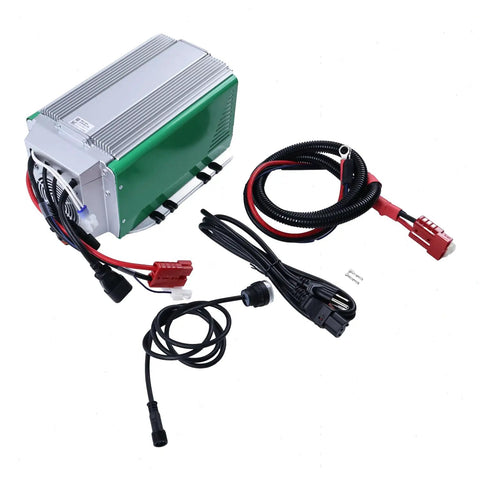 Kickstart Your Setup With This Heavy Duty 48V 30A Battery Charger Auto Cut Off X Led Display Replaces 128375GT 128375, showcasing power cables and connectors.