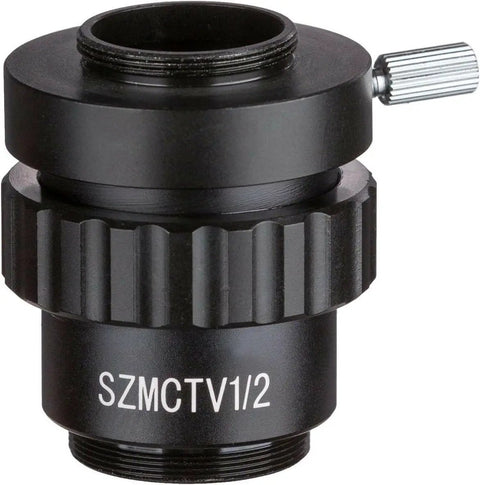 0.5X C-Mount Lens Adapter For Video Cameras And Microscopes, Plug And Play Focus Adjustable Accessory For Crisp Imaging, 1 Inch Camera Mount, Wide Compatibility With Microscope Video Setups And Cameras, black metal adapter with focus knob