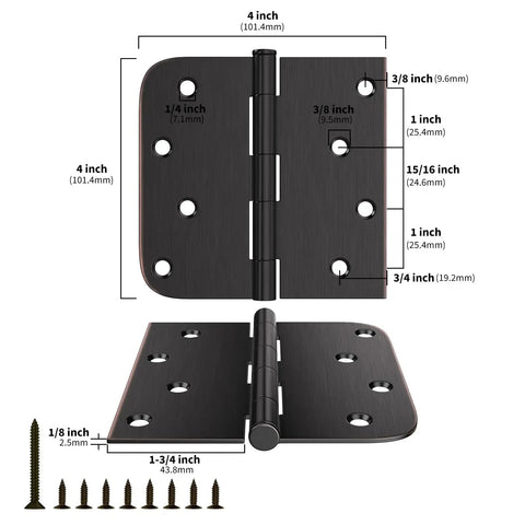 Top Shelf Oil Rubbed Bronze 4X4 Interior And Exterior Door Hinges Smooth Swinging Action dimensions and screw specifications.