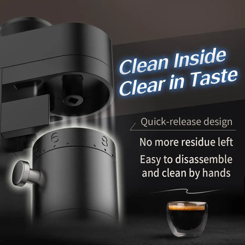 A5 Cordless Electric Burr Coffee Grinder With Zero Trouble Rechargeable Battery And 53Mm Stainless Steel Conical Burrs For Silky Smooth Grinds In Sharp Champagne Gold Shine, featuring a quick-release design for easy cleaning.