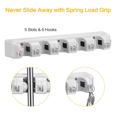 Wall Mounted Mop Broom Holder Organizer Rack With 5 Slots And 6 Hooks spring load grip close-up.
