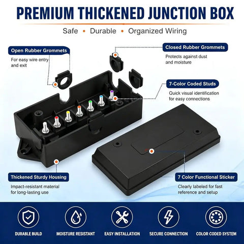 Top Shelf 7 Way Trailer Terminal Box With Color Coded Screw Terminals For Quick Wiring Hookup Full Brakes And Lights Control showing open and closed rubber grommets.