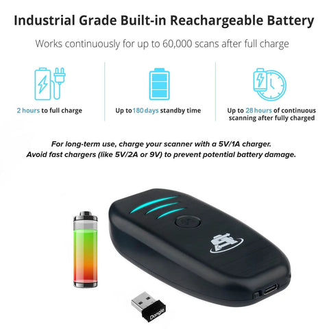 Portable Wireless Bluetooth Barcode Scanner Handheld 1D 2D Mini Reader with USB cordless rechargeable function displayed.