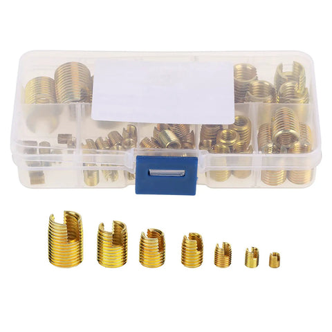 Brass Self Tapping Threaded Inserts Kit For Quick Repairs, Slotted Inserts, 50 Piece Set, No Pre Tap Needed, brass inserts in storage case