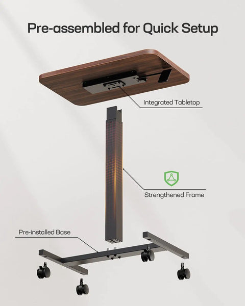 Mobile Standing Desk With Wide Height Range From 28.5 To 46.1 Inches, Adjustable Sit Stand Computer Desk On Four Lockable Wheels, Walnut Finish