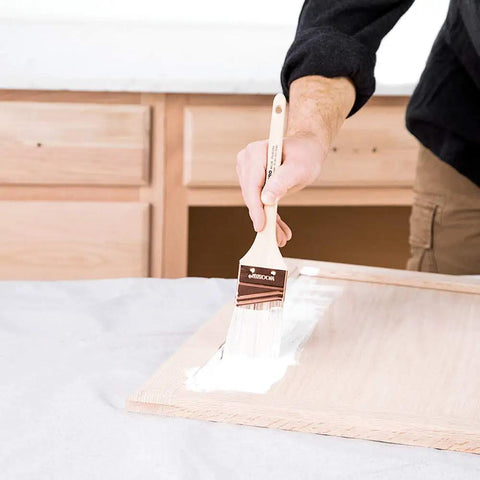 Cabinet Coat Urethane Acrylic Satin Sheen Enamel Cabinet Paint White One Quart applied on wood with brush for smooth finish