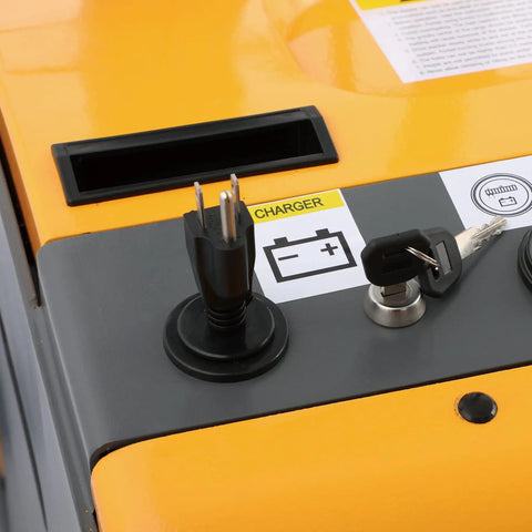 Close-up of electric pallet stacker charging port and key switch for Heavy Duty Counterbalanced Electric Pallet Stacker With 2200 Pound Capacity.