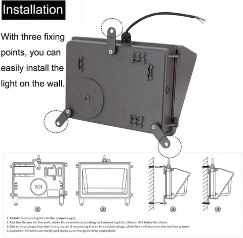 Installation steps for Beefed Up 150W Outdoor LED Wall Pack Light with 20,000 Lumens, three fixing points, wall mount guide.