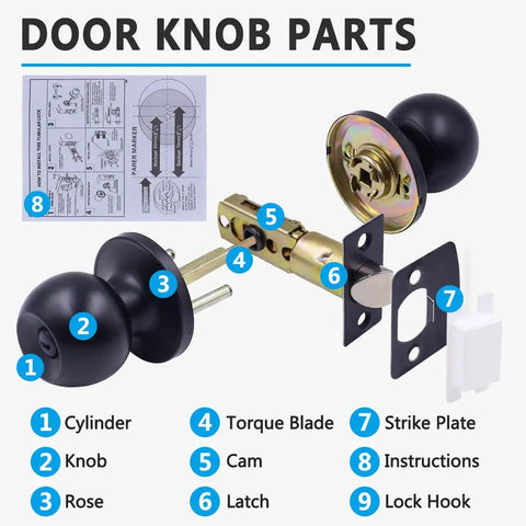 Illustration of Matte Black Privacy Door Knobs 12 Pack With 12 Door Stoppers, showing detailed parts and instructions.