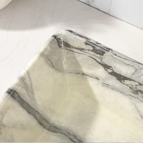Corner detail of 16 X 12 Inch Black And White Marble Vessel Sink And Faucet Combo For Modern Bathrooms Durable Porcelain Ceramic Vanity Basin